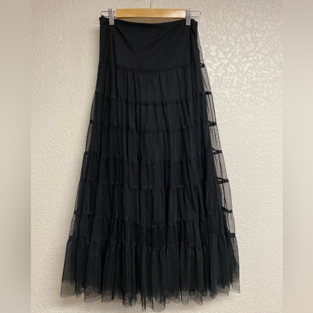 Elegant Black Lace-up Tulle Midi Skirt Size XS
